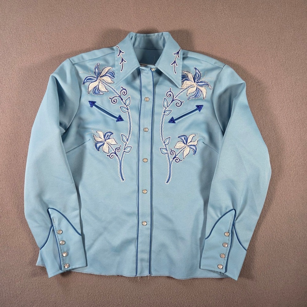 Vintage H Bar C California Ranchwear Shirt Womens 36 Blue Western Pearl Snap